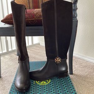 Tory Burch Tall Brown Leather & Suede Riding Boots with Gold Logo